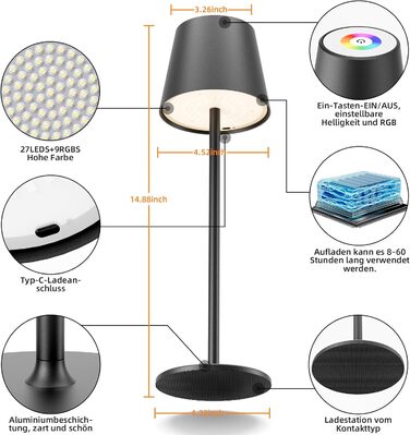 Бездротова LED лампа настільна з регулюванням яскравості, акумуляторна, тепле світло 3000K+RGB, водонепроникна, для дому та вулиці (алюміній, 2 шт.)