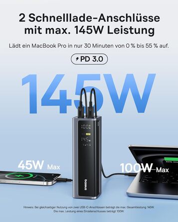 Powerbank Baseus EnerGeek 145W 20800mAh з 2x USB-C PD 3.0 (100W) для ноутбуків, MacBook, iPhone, Samsung, SteamDeck, Digital Display