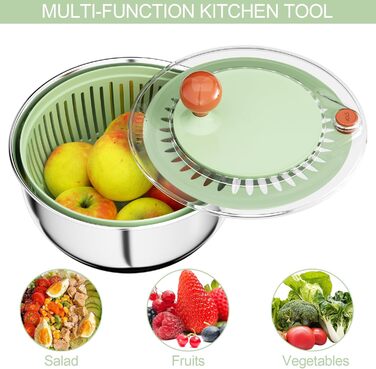 Швидка салатниця-швидкообертач з нержавіючої сталі з кришкою, для миття та сушіння овочів та фруктів