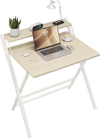 Зкладний стіл Yaheetech 80 см для комп'ютера з полицею, двоярусний робочий стіл з підставкою для монітора, стіл для ноутбука для дому/маленьких кімнат/вітальні, білий/80 см x 50 см, білий (світле дерево)