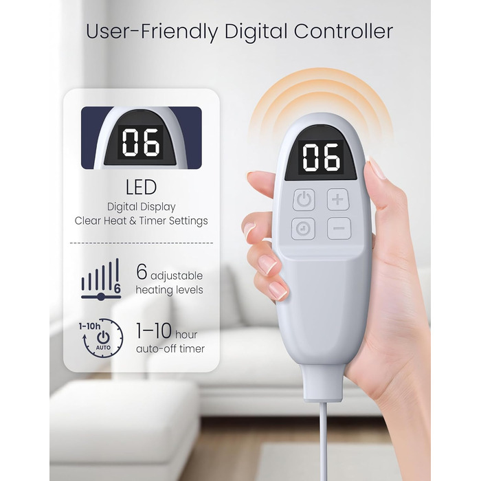 Електрична ковдра AnySun 200x180 см з автовимкненням, 6 рівнів нагріву, таймер 10 годин, захист від перегріву, сіра, для ліжка, дивану, машинне прання