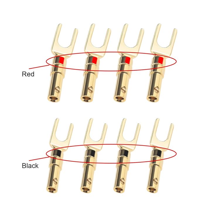 Роз'єм для динаміків OTOTEC 8 шт. Y-Fork, мідь 4 мм, позолочений, штекер-банан, червоний і чорний