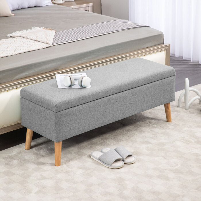 Лавка з м'якою оббивкою HOMCOM з місцем для зберігання 110 x 39 x 45 см у сірому кольорі з льоном Вигляд для передпокою Спальні Вітальні з гумового дерева