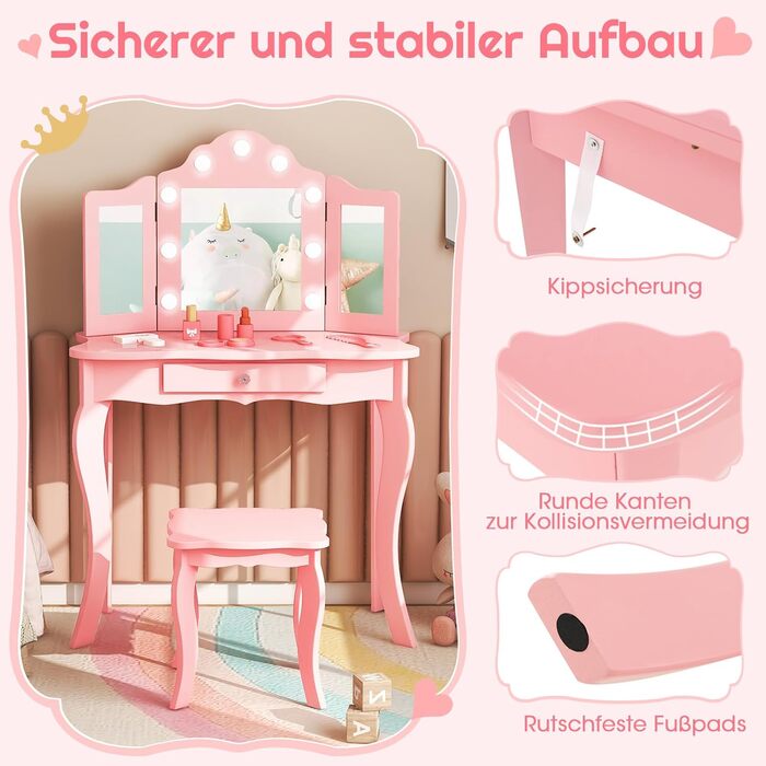 Дитячий столик для макіяжу та дзеркала COSTWAY 2 в 1 з LED-підсвічуванням, відкидним дзеркалом та шухлядами, для дівчаток (білий, рожевий)