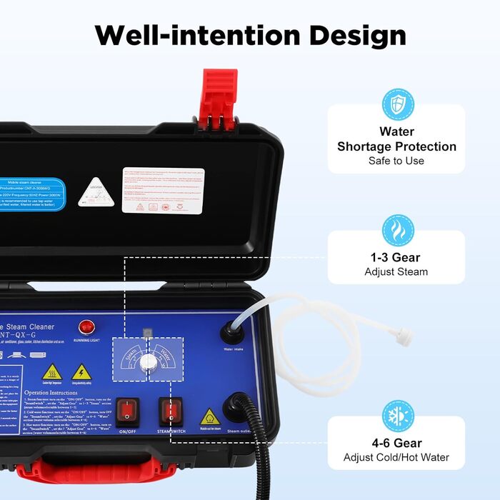 Пароочисник ручний 3000 Вт, 3-3,5 бар, 6-рівнева регулювання, вологостійкий IPX4, з набором інструментів, для дому та автомобіля