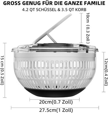 Салатниця-швидкосушарка з нержавіючої сталі 4.2L з мискою та кришкою, для салатів, овочів, зелені, ягід