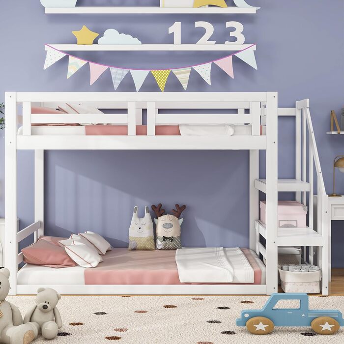 Ліжко-горище Merax 90x200 см, дитяче ліжко-будиночок, дерев'яне двоярусне ліжко із захистом від падіння та рейковим каркасом, універсальне дитяче ліжко з дахом та кутовими сходами, ігрове ліжко для хлопчиків та дівчаток, (90 x 200 см, біле 2-без даху)