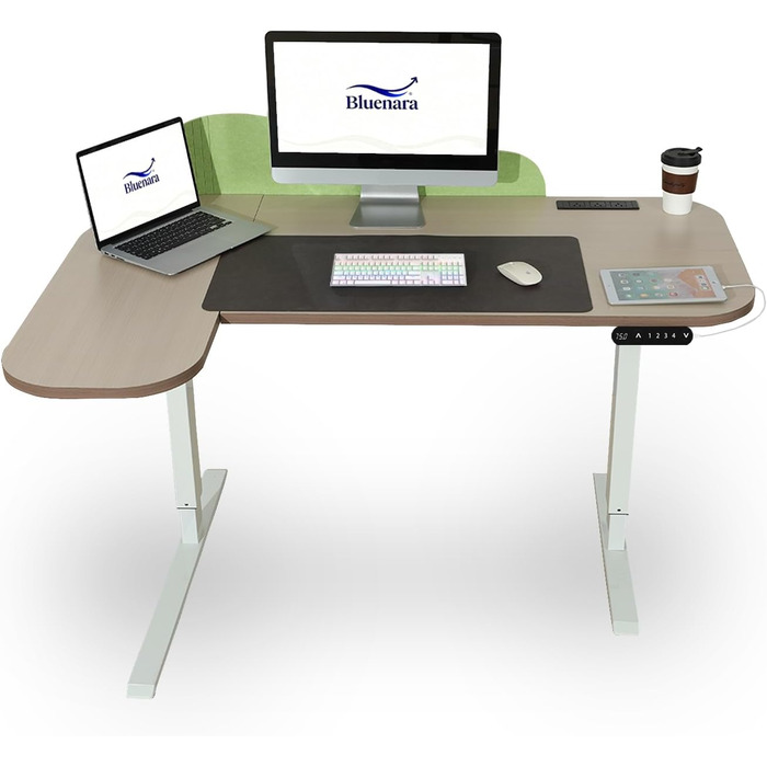 Електричний кутовий стіл з регулюванням висоти 150 см, L-подібний, з 4-ма пам'ятями, з'єднувальною панеллю, для дому та офісу (150x68 см, світло-коричневий/зелений)