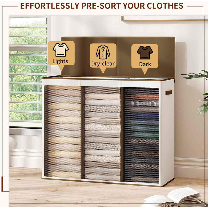 Кошик для білизни Relefree з 3 відділеннями, 180 л, великий кошик для сортування білизни, з 3 знімними мішками, з кришкою, для спальні, ванної кімнати, гуртожитку, кольору слонової кістки