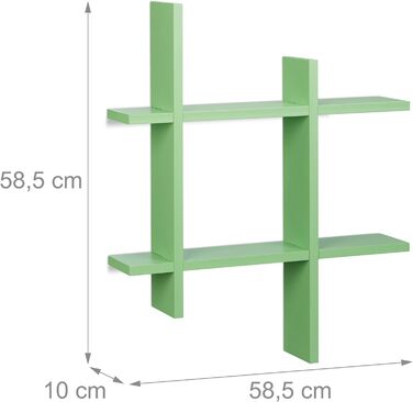 Настінна полиця Relaxdays з 6 відділеннями, офсетні стінові дошки в ґратчастому вигляді, плаваюча полиця ВхШхГ 58,5 x 58,5 x 10 см, (зелена)