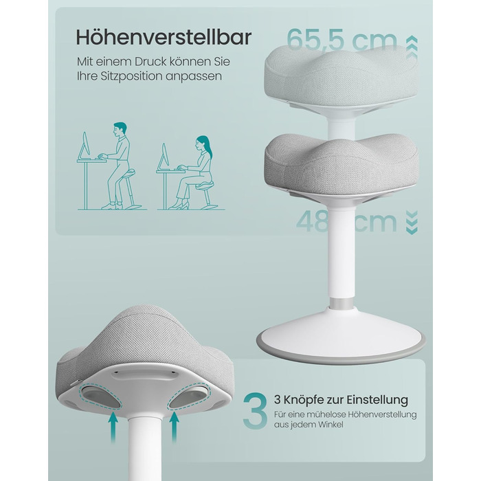 SONGMICS Стілець-табурет для стоячи, регульована висота 48-65.5 см, обертовий, сірий, для офісу та дому (OSC018BH01)