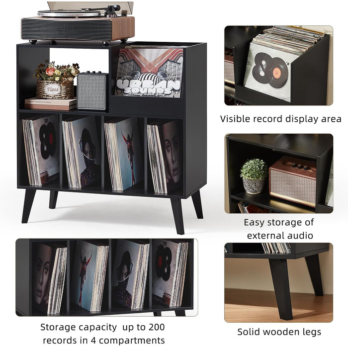 Підставка для платівок на 300 альбомів з полицею для зберігання, чорна