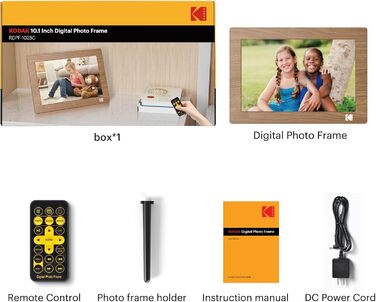 Цифровий фотоальбом KODAK 10 дюймів з пультом, без Wi-Fi, IPS-дисплей 1280x800, відтворення фото/відео/музики, USB/SD, дерев'яний корпус