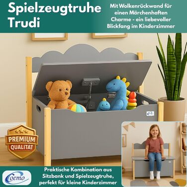 Дерев'яна іграшкова скриня Coemo з банківкою, біла, Trudi, 60x26x55 см – для дитячої кімнати, з місцем для зберігання, безпечним шарніром, зручною висотою, декоративним дизайном хмари (сірий)