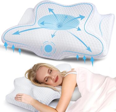 Ортопедична подушка GOXIFACA з Memory Foam, для шиї та спини, для тих, хто спить на боці, покращує якість сну, 60*35*10/12 см, блакитна