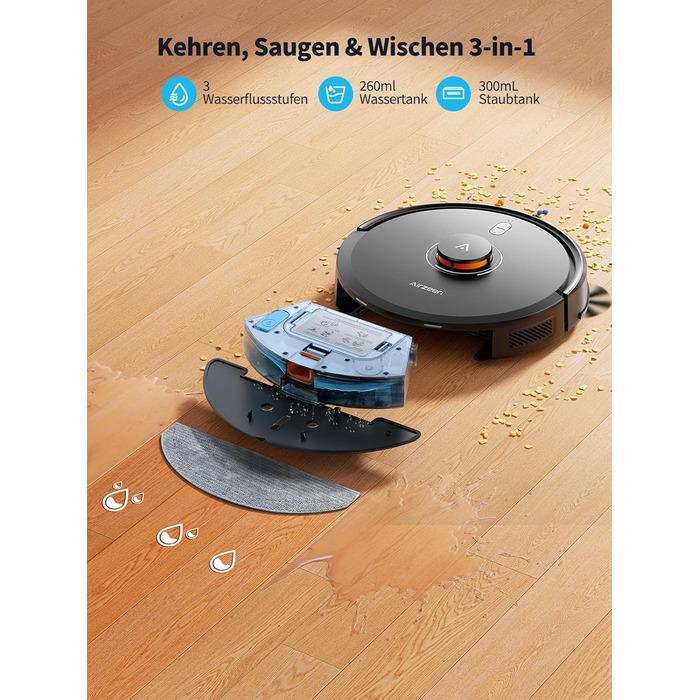 Робот-пилосос Airzeen Q10 Pro S з вологою, LiDAR-навігація, 5000Pa, для тварин, чорний