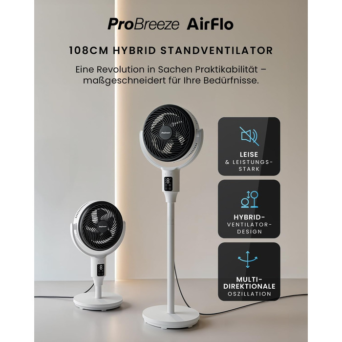 Вентилятор Pro Breeze AirFlo Standventilator 109 см – тихий вентилятор з пультом та LED-дисплеєм, 2 режими, осциляція, 29 дБ, регульована висота, енергоефективний для спальні, офісу та дому