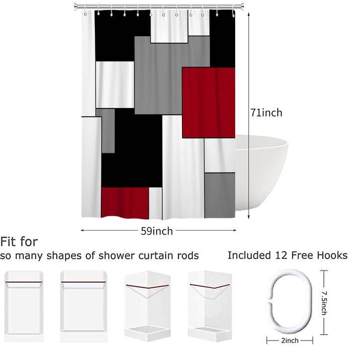 Шторка для душу Hnmdmyi червона 180x200, сіра чорна біла, сучасна геометрична водонепроникна поліестер 150x180 см