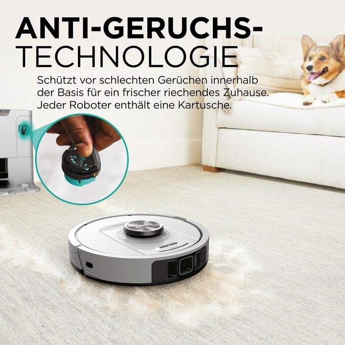 Робот-пилосос Shark PowerDetect з автопорожненням, самоочищення, до 60 днів роботи, для шерсті тварин, килимів та твердих підлог, з 3D та LiDAR навігацією, 14,5 см, білий