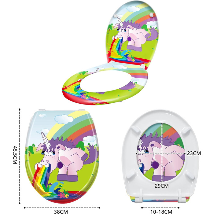 Сидіння для унітазу з кришкою унітазу з автоматичним механізмом закривання, антистатичне антибактеріальне Легко чиститься, знімається для більшості підвісних унітазів кришок унітазів, 45 х 38 см (райдужний і кінський), 360
