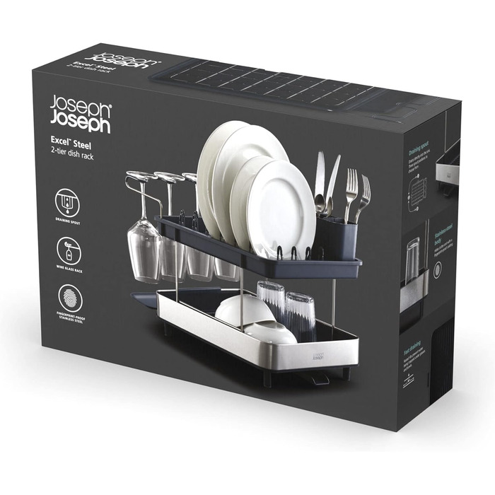 Сушарка для посуду Joseph Joseph Extend з нержавіючої сталі, висувна, компактна, з підставкою для столових приборів та поворотним зливом (2 яруси, сіра)