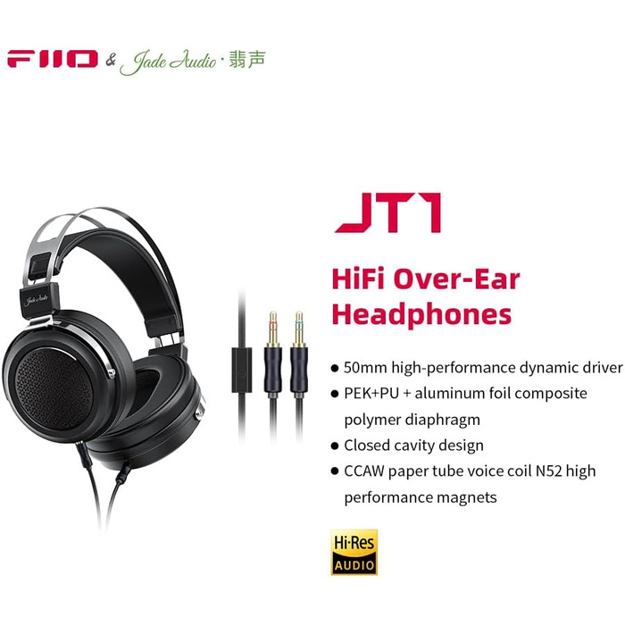 Студійні навушники FiiO JadeAudio JT1, ігрова гарнітура з мікрофоном, діафрагми 50 мм, аудіо високої роздільної здатності