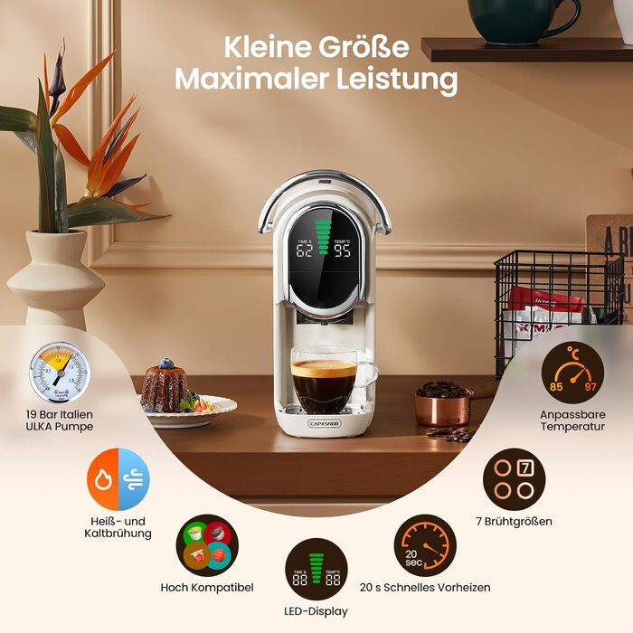 Кавомашина Magician1 Mini Kapselmaschine 5в1 для капсул Nespresso, Dolce Gusto, Lavazza A Modo Mio, ESE 44 та кавової гущі | 20 бар, 1450 Вт, LED-дисплей, 7 рівнів води | для дому та офісу (слонова кістка)