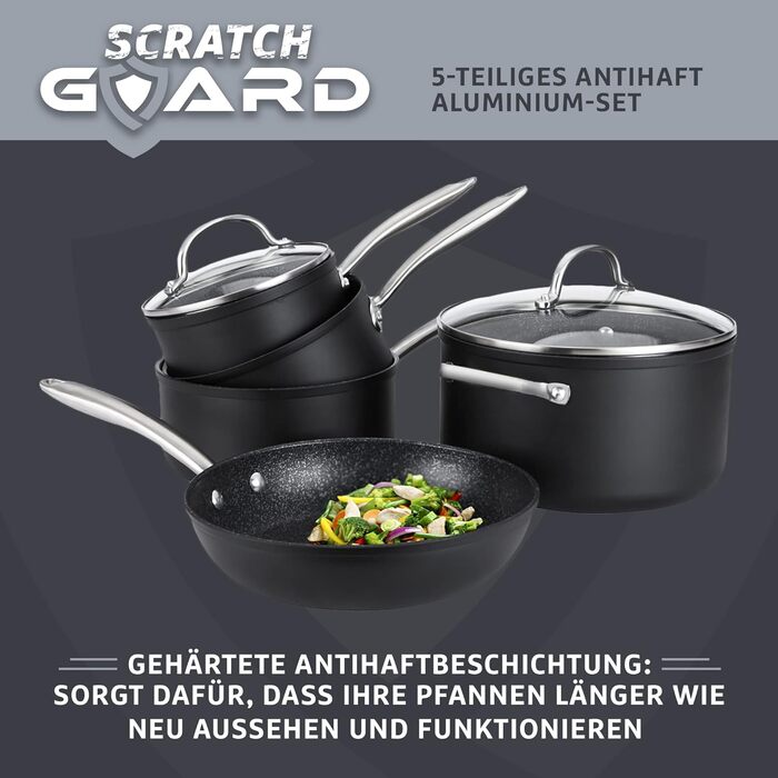 Набір посуду Prestige Scratch Guard - індукційний - каструля та сковорідка - алюмінієвий - стійкий до подряпин - можна мити в духовці та посудомийній машині - 5 предметів - чорний - 10 років гарантії