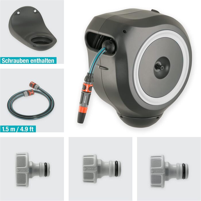 Шланг садовий Gardena RollUp M 20м: гнучкий, з тримачем для стіни, з розпилювачем та шлангом 20м (18610-20)