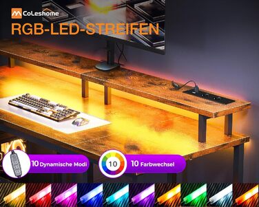 Ігровий стіл Coleshome з LED-підсвічуванням, 120x50 см, коричневий. Стіл для комп'ютера з 2 розетками, 2 USB-портами, підставкою для монітора та місцем для зберігання. Підходить для дому та офісу.
