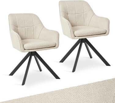 Набір з 2 обертових стільців для їдальні/кухні, бежевий, з підлокітниками, поліестер, металеві ніжки