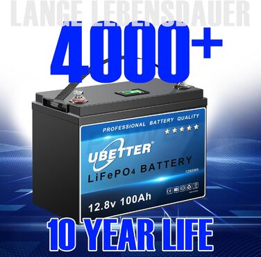 Акумулятор UBETTER 12V 100Ah LiFePO4, літієва батарея 12 В з монітором, 100 А BMS, 4000 циклів, послідовно/паралельно