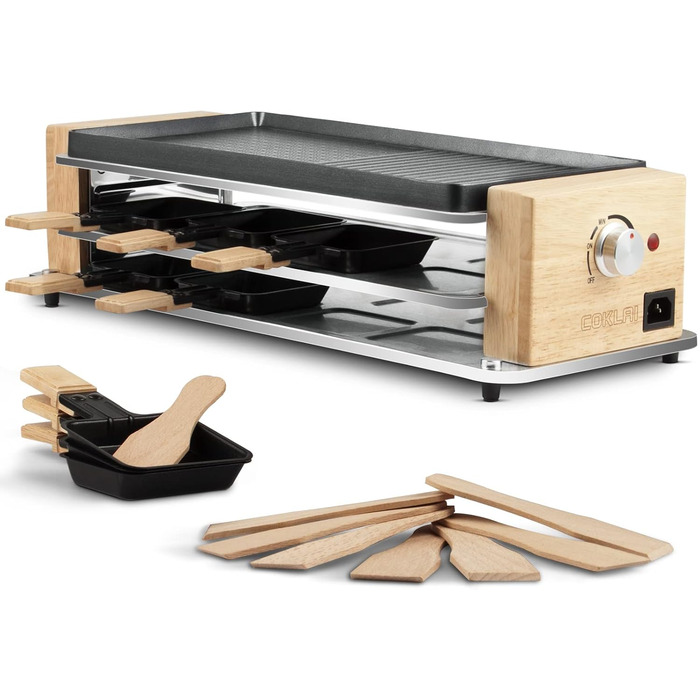 Раглеті гриль COKLAI на 8 осіб з антипригарним покриттям, для вечірок, з регулюванням температури, 8 сковородок та дерев'яними шпателями