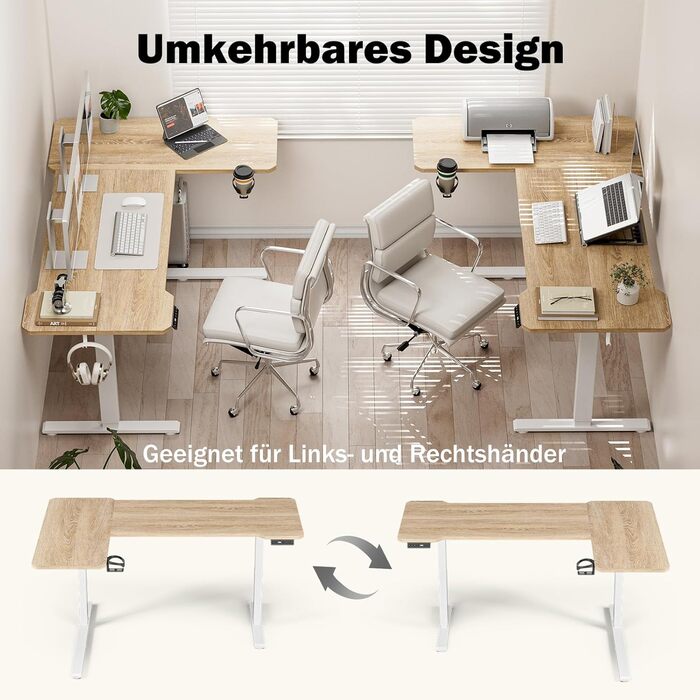 Стол письмовий L-подібний, регульований по висоті, 150 x 100 см, електричний, ергономічний, з підстаканниками та гачками, коричневий