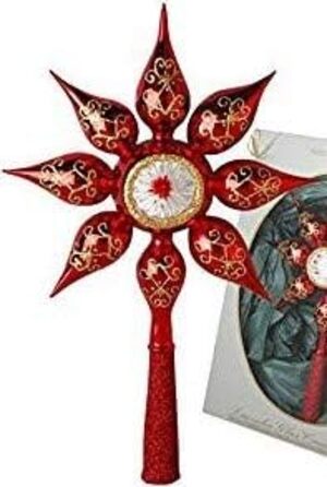 Ялинкова іграшка блискуча з прикрасами та дзвіночками, 29 см у високоякісній подарунковій коробці (зірка на ялинку, червона)