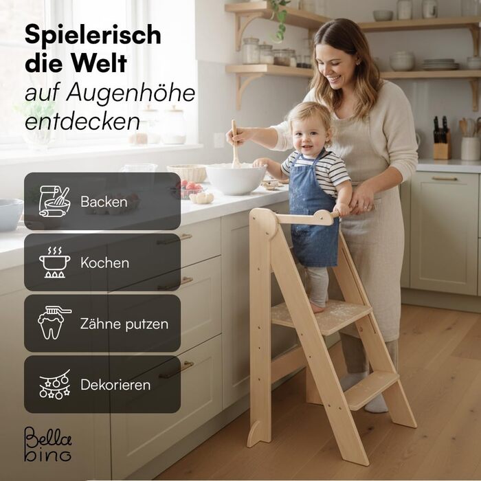 Bellabino Tay: Навчальний столик-лесенка для дітей від 1 року - Білий, регульований, Монтессорі, з захистом від перекидання, з натурального дерева, для безпечного самостійного навчання