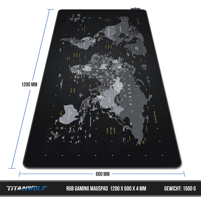 Килимок для миші TITANWOLF XXXL RGB з підсвічуванням LED, 1200 x 600 мм – для геймінгу, з гумовою основою, карта світу