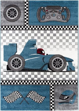 Дитячий килимок Дитяча гоночний автомобіль Формула-1 Візерунок Синій Сірий Білий Чорний - Колір Синій, Розмір 160х230 см