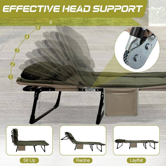 Розкладне кемпінгове ліжко XXL — Широка складана койка-розкладачка з регульованою спинкою для відпочинку, риболовлі та саду, зелена