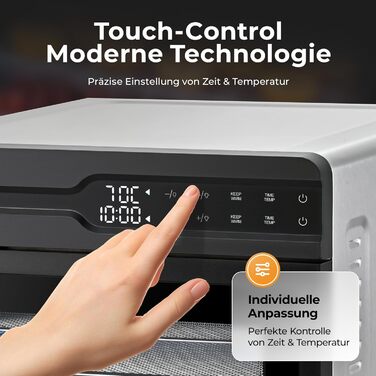 Електрична сушарка для фруктів та овочів Balter з нержавіючої сталі, 12 ярусів, 1100 Вт, 70 л, 12000 см² поверхні сушіння, BPA-free, 35–75 °C, таймер до 72 год, 2 камери