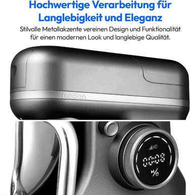 Кухонна машина MEDION MD18430: 3 в 1 (міксер, м'ясорубка, тістоміс), 5 л чаша з нержавіючої сталі, 1200 Вт, подрібнювач, нарізач, цифрова панель керування, з чашею для льоду та м'ясорубкою, з титановим ножем