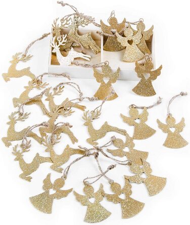 Підвіски 24 шт. золоті Різдвяні підвіски із зображенням ангела, оленя, підвіски, різдвяні прикраси з блискітками, 5 см, для підвішування