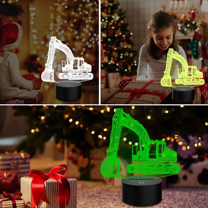 Світлодіодна лампа-ілюзія PONLCY 3D, настільна лампа для спальні, 7-кольорова настільна лампа, світлодіодна настільна лампа USB, подарунки на день народження для дітей, прикраса будинку (екскаватор)