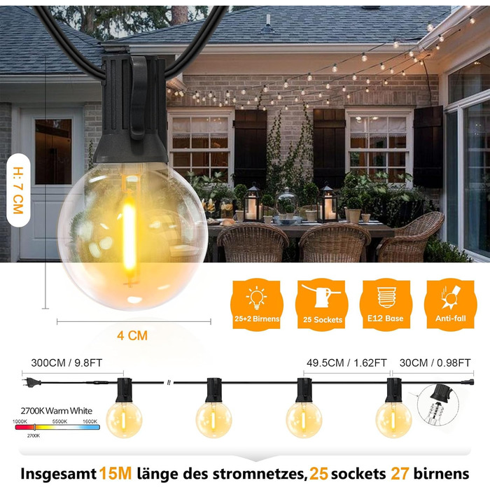 LED гірлянда на 15 метрів, тепле біле світло 2700K, 25+2 лампочки G40 E12, димер, для зовнішнього використання, сад, вечірка, тераса