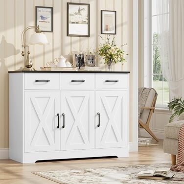 Сервант HOCSOK з 3 шухлядами та 3 дверцятами для кухні, буфет з робочою поверхнею, для вітальні, їдальні, з дерева, білий & коричневий (білий & чорний)