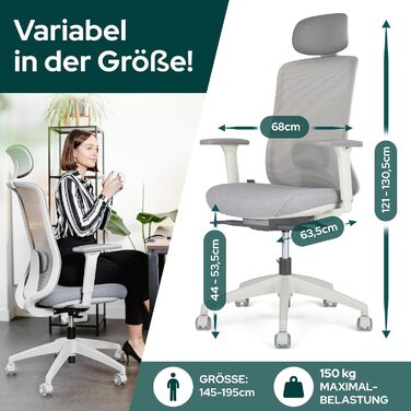 Ергономічне крісло Schekka® для офісу - індивідуальне налаштування, підтримка голови та попереку, 3D підлокітники, дихаюча сітка, 150 кг, світло-сірий/м'ятний колір. З підголовником
