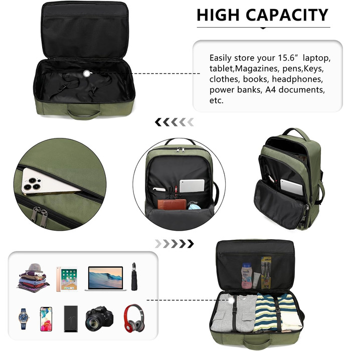 KONO Рюкзак для ручної поклажі в літак, великий, водонепроникний, 55 x 35 x 20 см, 38L, зелений