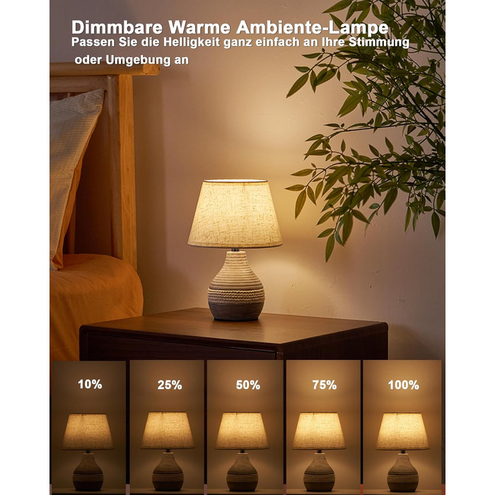 INTELIVE Бездротова керамічна настільна лампа з таймером, димером, лляним абажуром та пультом дистанційного керування. Акумуляторна, сучасний дизайн Mid Century.