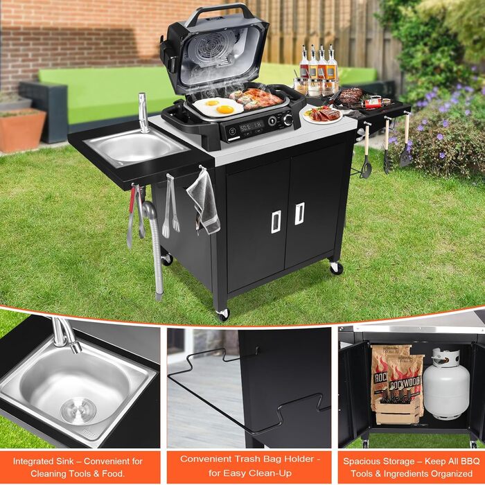 Гриль-вогн на колесах GFTIME: мобільний стіл для піци з нержавіючої сталі, кухонний острів з шафкою та полицями, 154 x 63 x 89 см