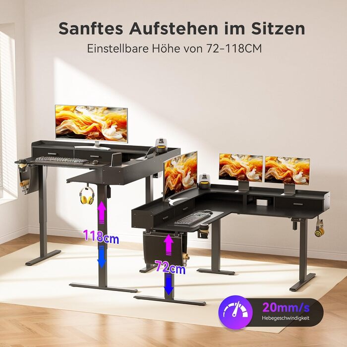 Регульований кутовий стіл L-подібної форми, електричний, 160 x 140 см, з 3 висувними ящиками. Стіл для офісу, роботи, геймінгу, стоячи/сидячи. Чорний колір.